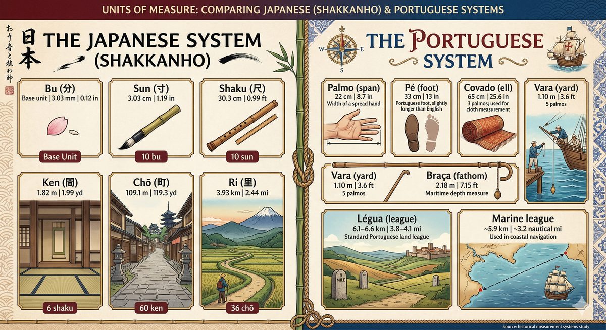 Comparative infographic of Japanese Shakkanho and Portuguese linear measurement systems